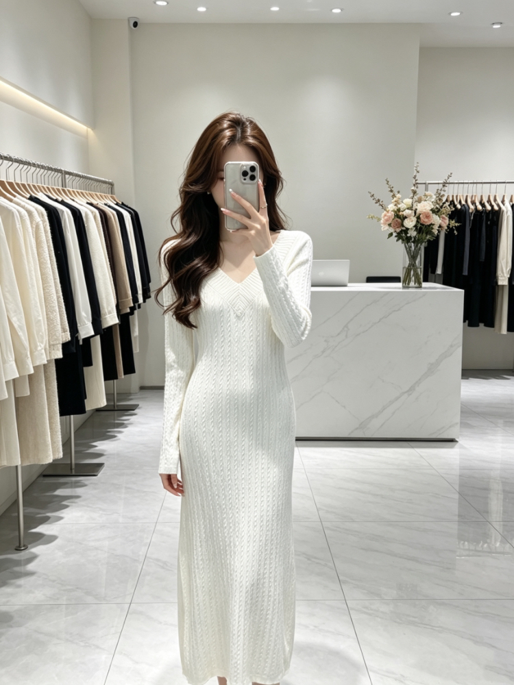 Autumn long sleeve dress package hip bottoming overcoat