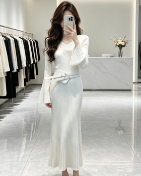 Trumpet sleeves retro belt autumn pit stripe dress for women