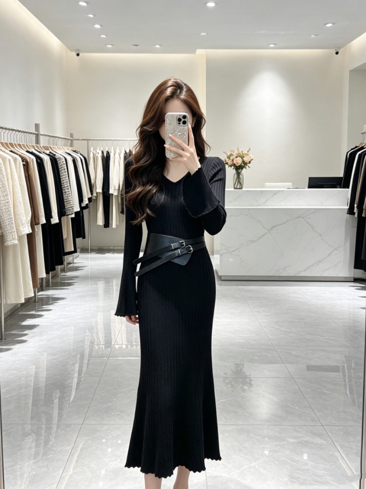 Trumpet sleeves retro belt autumn pit stripe dress for women