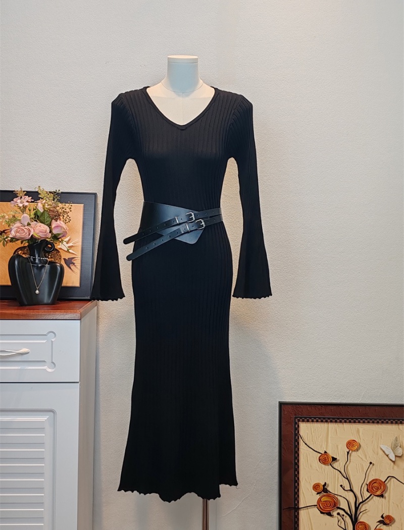 Trumpet sleeves retro belt autumn pit stripe dress for women