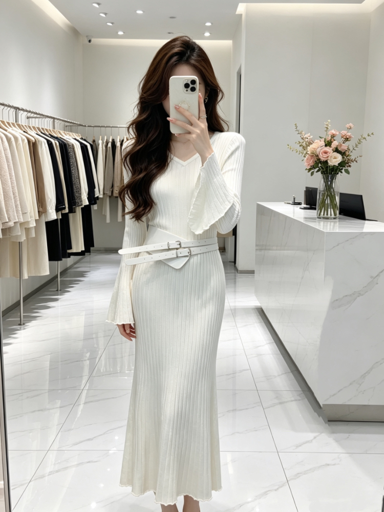 Trumpet sleeves retro belt autumn pit stripe dress for women