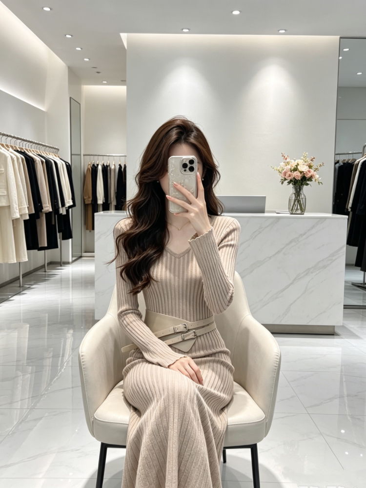 Trumpet sleeves retro belt autumn pit stripe dress for women
