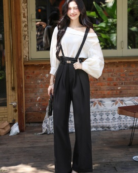 Sloping shoulder bib pants shirt 2pcs set