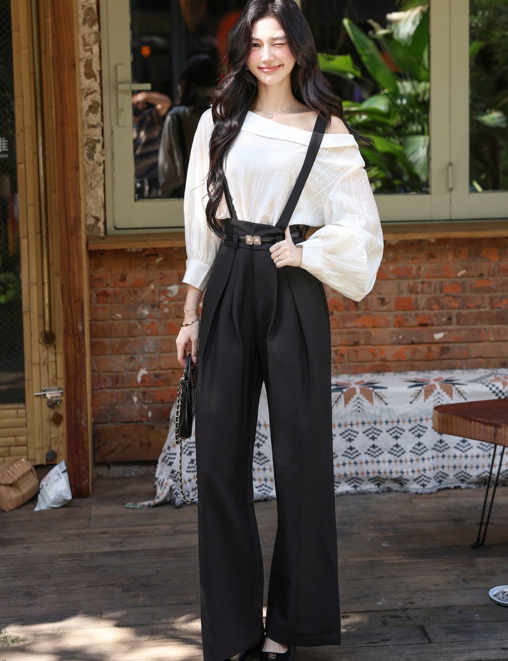 Sloping shoulder bib pants shirt 2pcs set