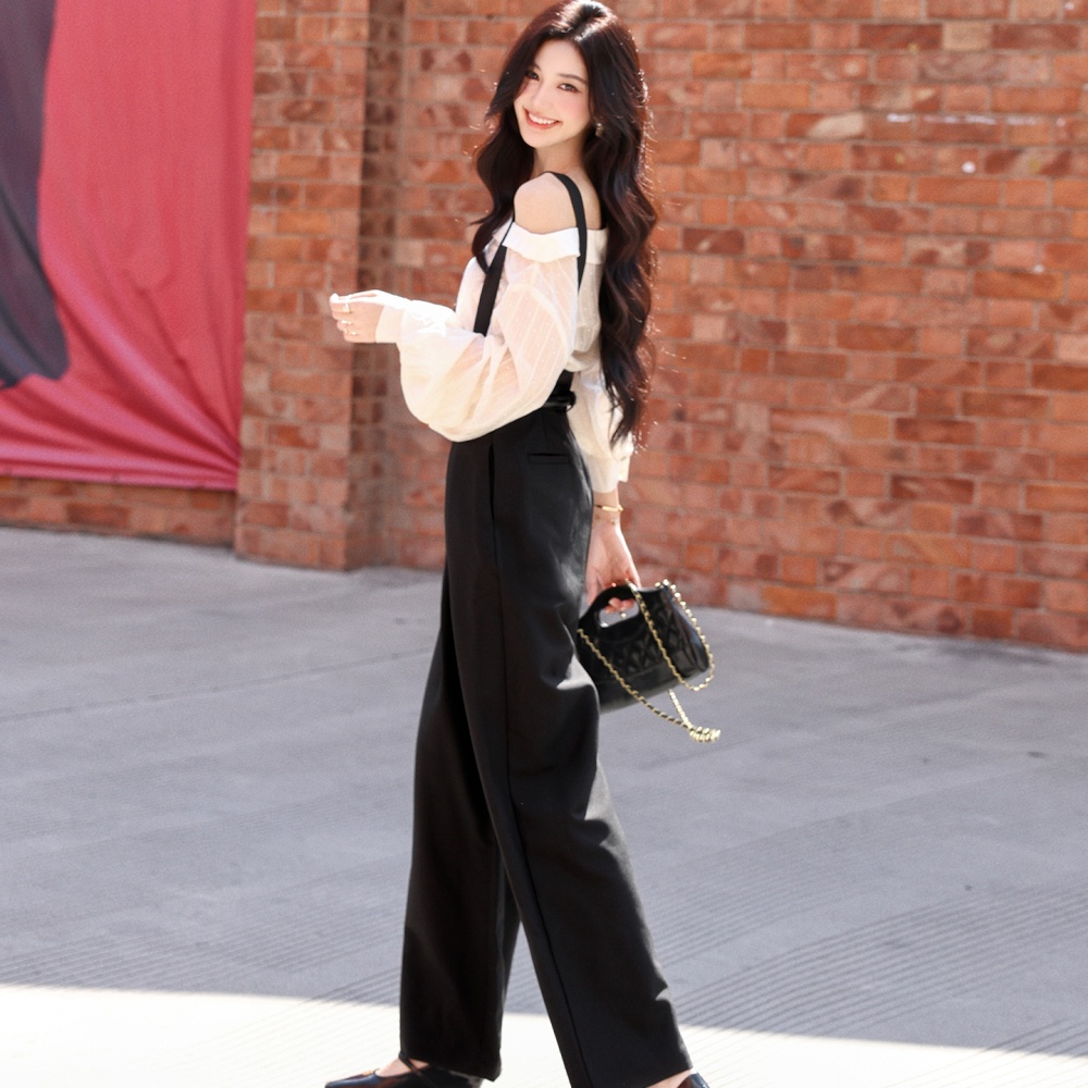 Sloping shoulder bib pants shirt 2pcs set