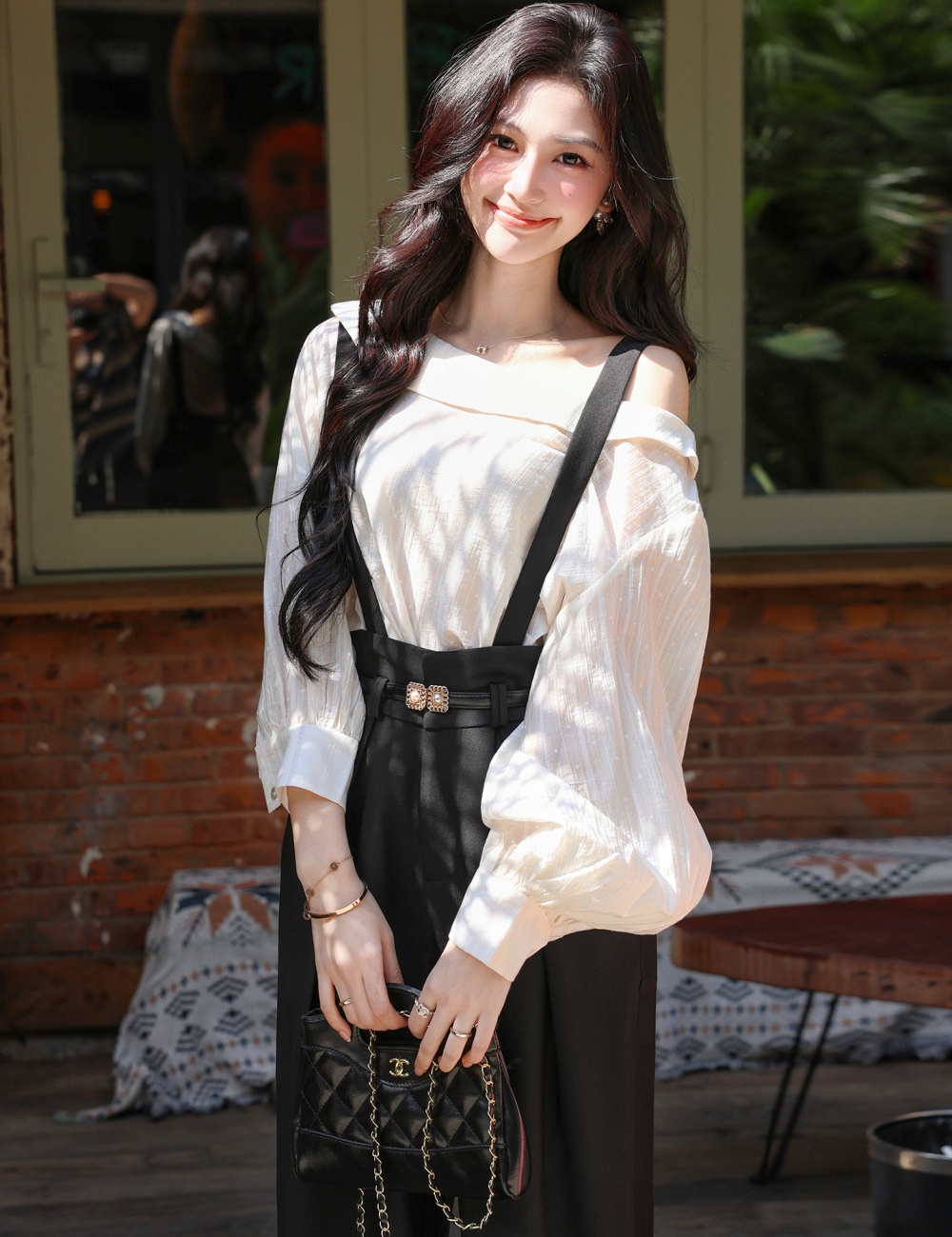 Sloping shoulder bib pants shirt 2pcs set