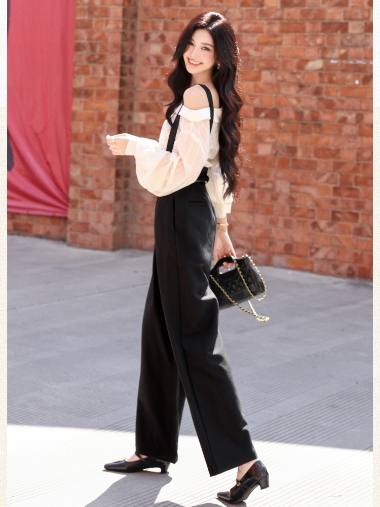 Sloping shoulder bib pants shirt 2pcs set