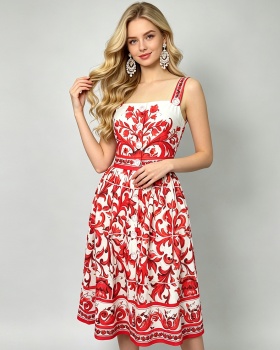 Sling catwalk high waist printing temperament slim dress