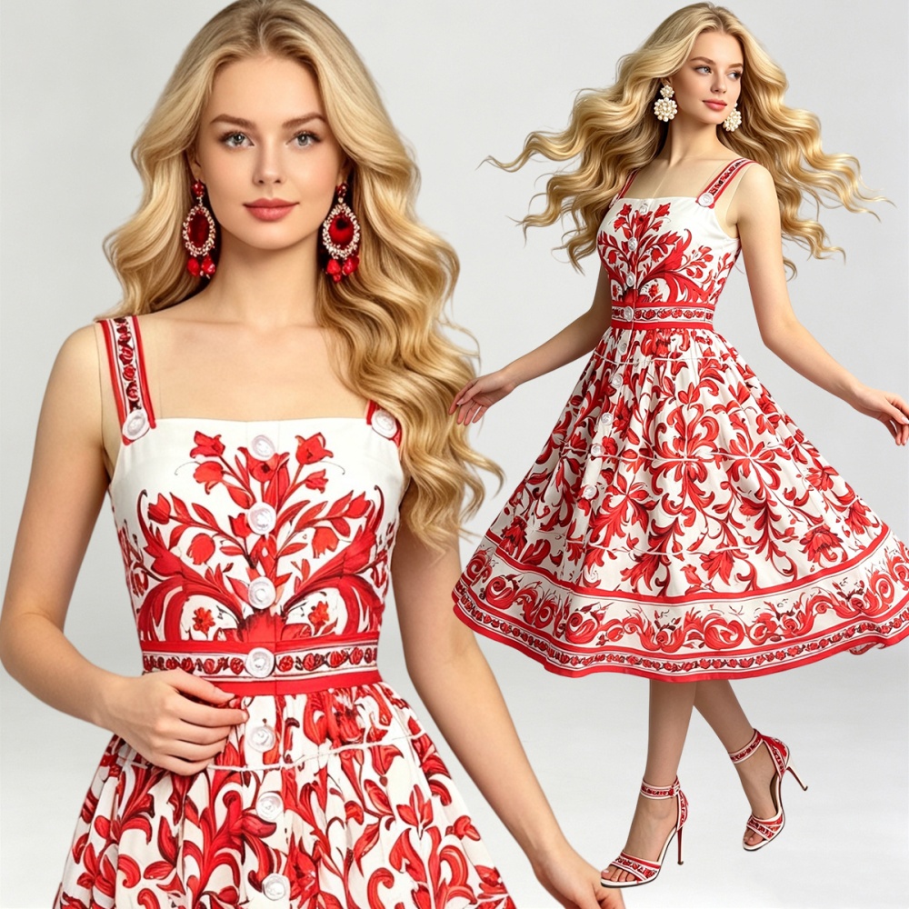 Sling catwalk high waist printing temperament slim dress