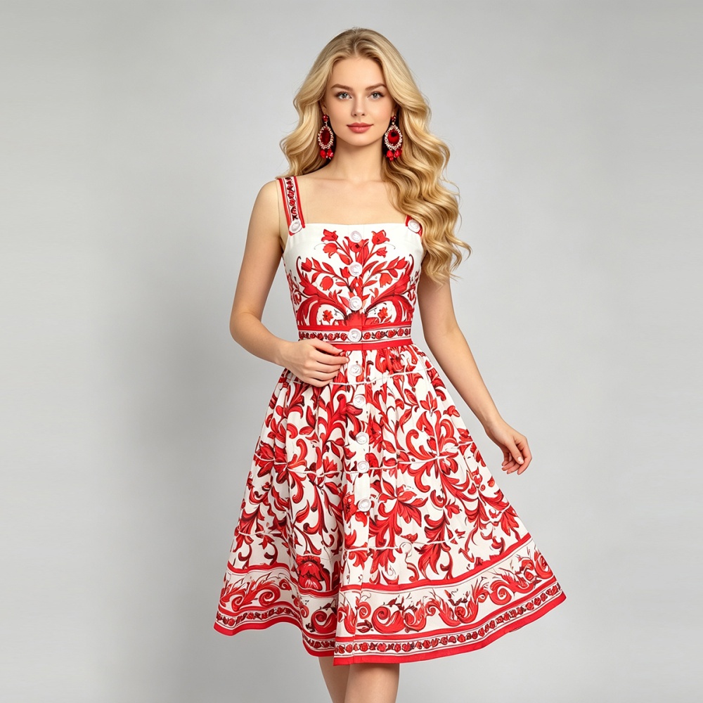 Sling catwalk high waist printing temperament slim dress
