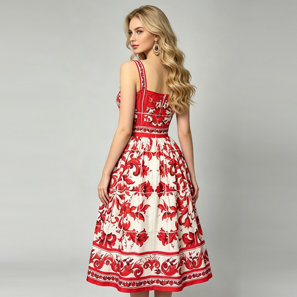 Sling catwalk high waist printing temperament slim dress