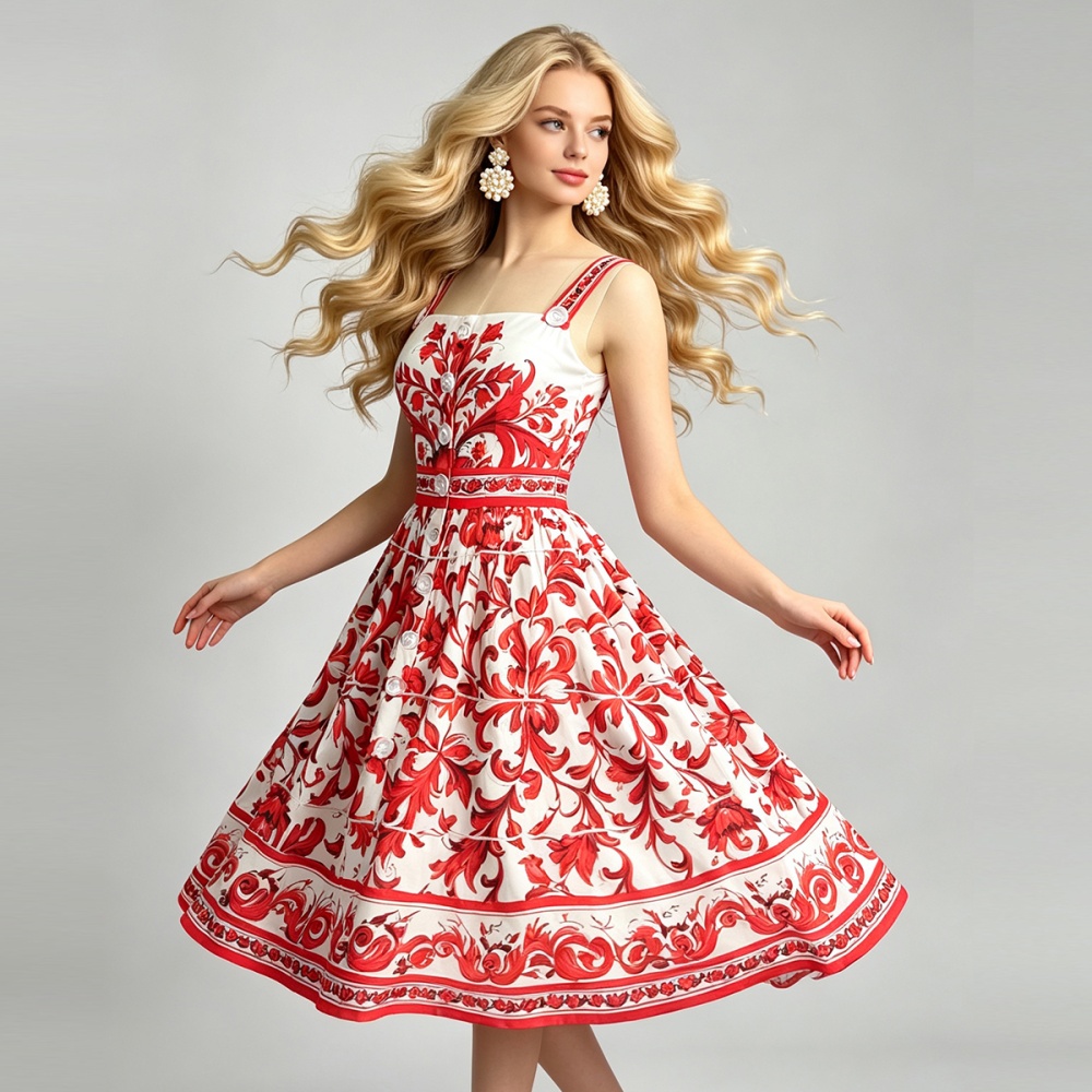 Sling catwalk high waist printing temperament slim dress
