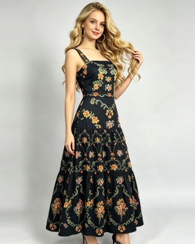 Sling printing A-line dress slim summer high waist vest