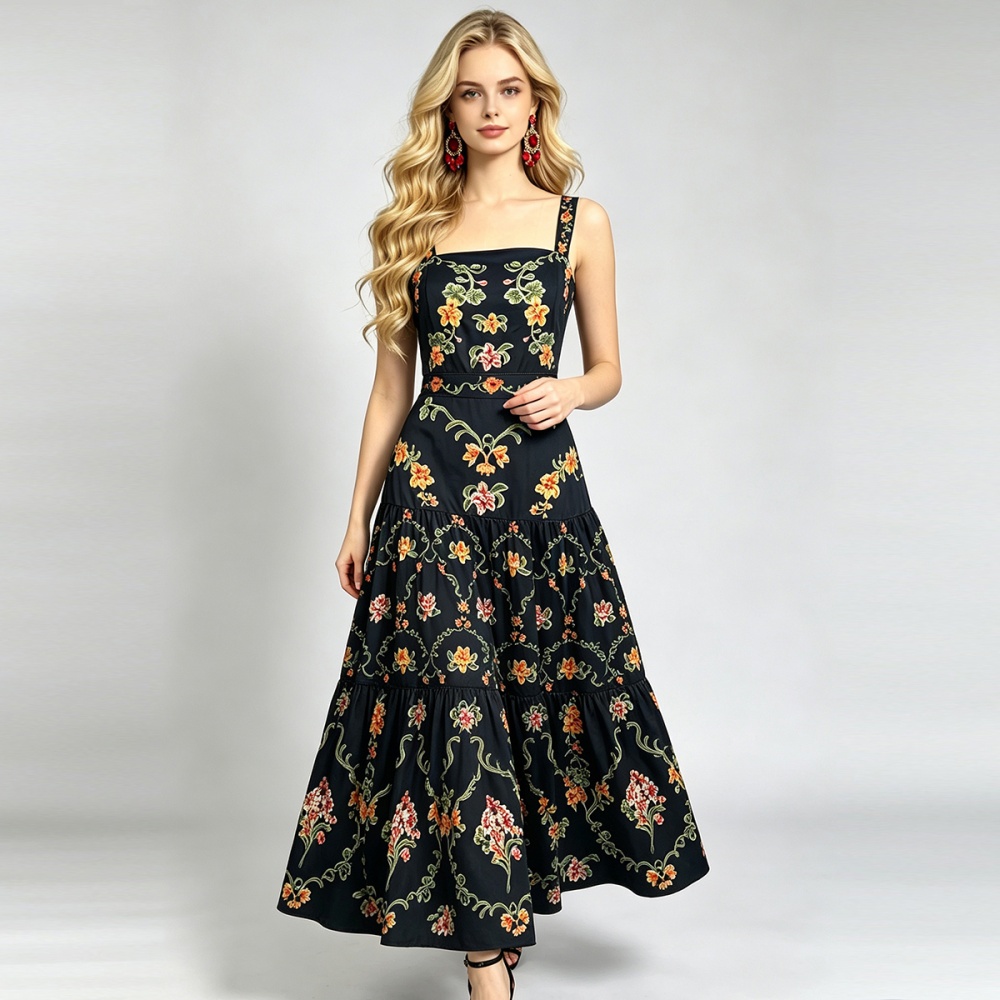 Sling printing A-line dress slim summer high waist vest