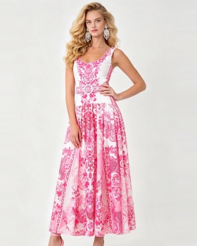 Fashion slim round neck dress big skirt A-line long dress