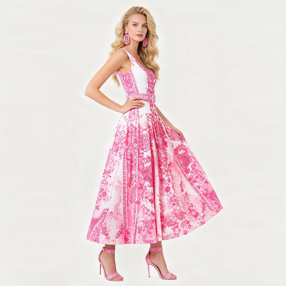 Fashion slim round neck dress big skirt A-line long dress