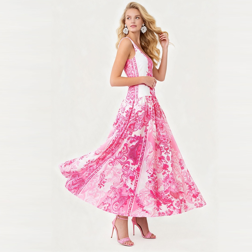 Fashion slim round neck dress big skirt A-line long dress