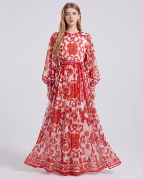 Round neck printing A-line dress speaker loose long dress