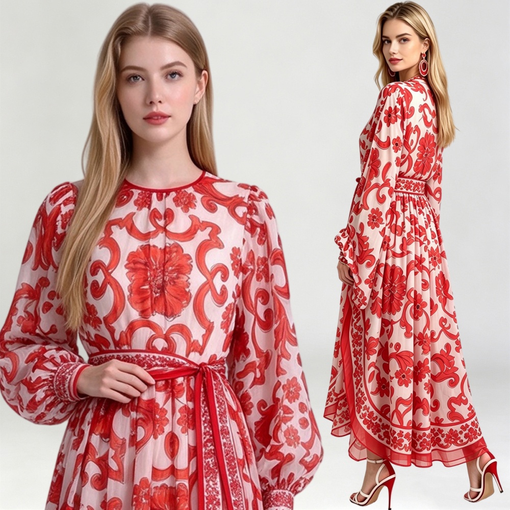 Round neck printing A-line dress speaker loose long dress