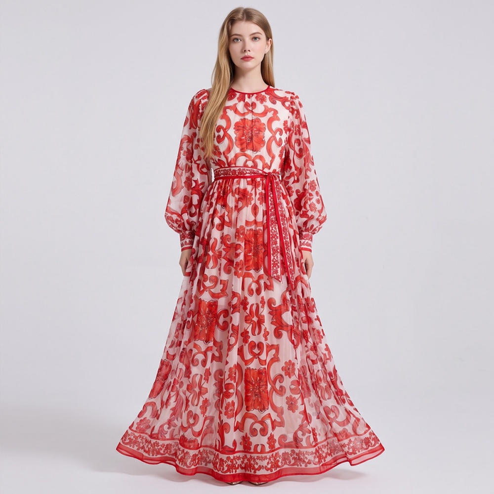 Round neck printing A-line dress speaker loose long dress