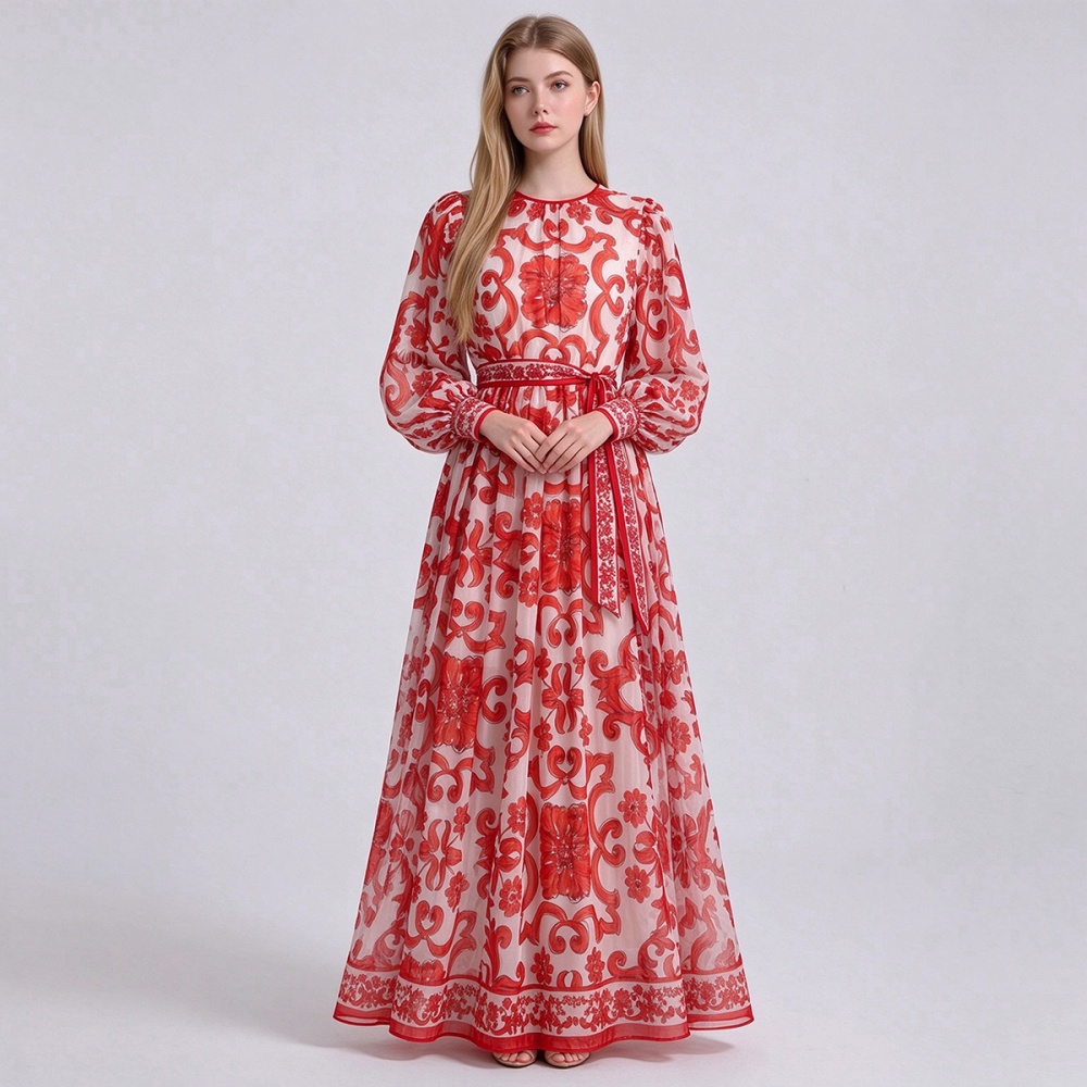 Round neck printing A-line dress speaker loose long dress