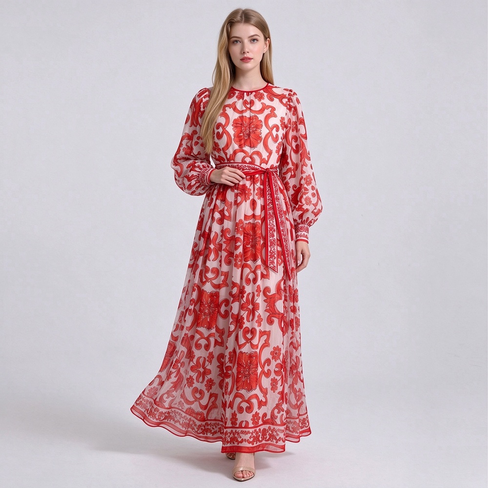 Round neck printing A-line dress speaker loose long dress