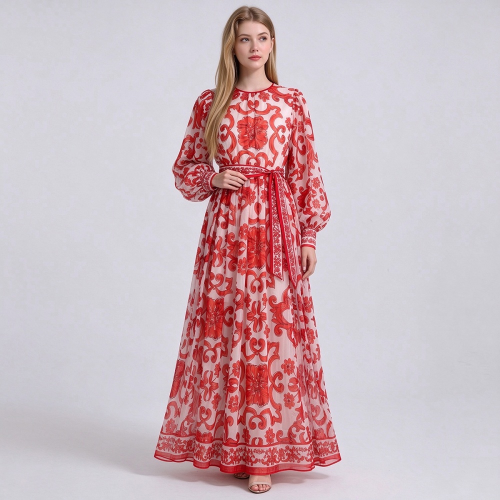 Round neck printing A-line dress speaker loose long dress