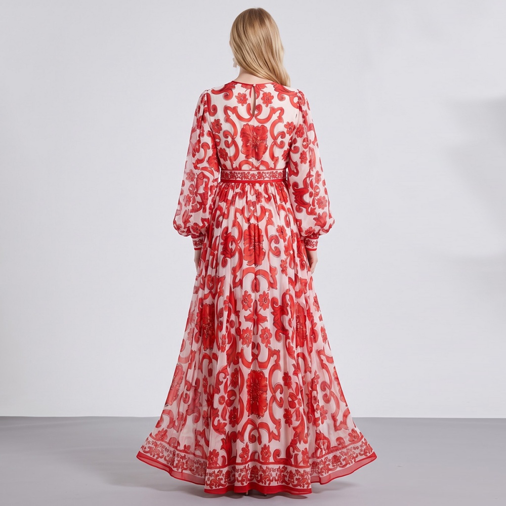Round neck printing A-line dress speaker loose long dress