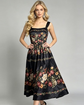 Printing sling A-line dress summer high waist slim vest