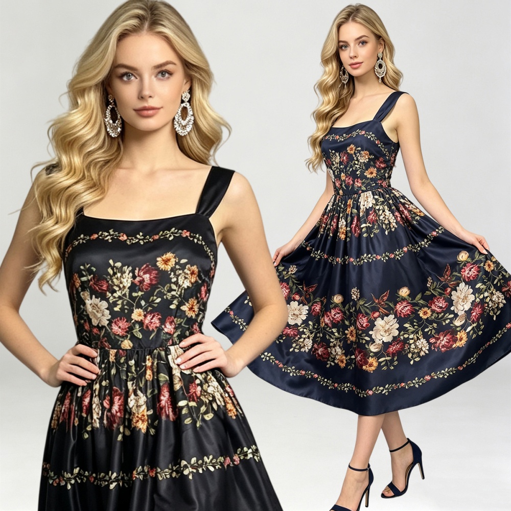 Printing sling A-line dress summer high waist slim vest