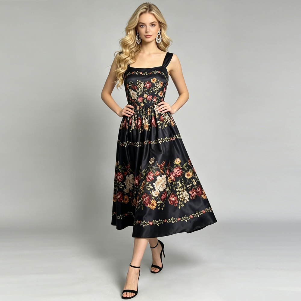 Printing sling A-line dress summer high waist slim vest