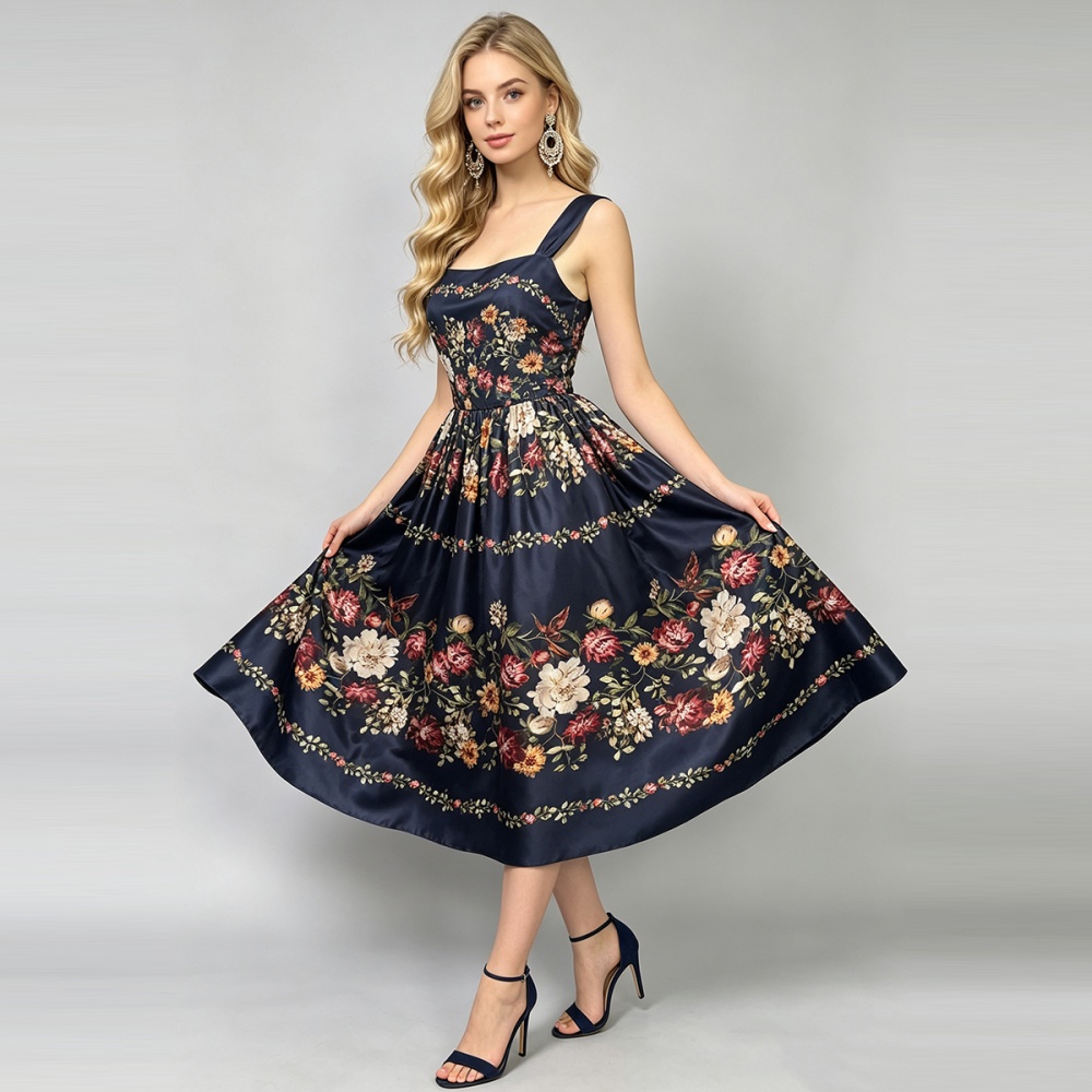 Printing sling A-line dress summer high waist slim vest