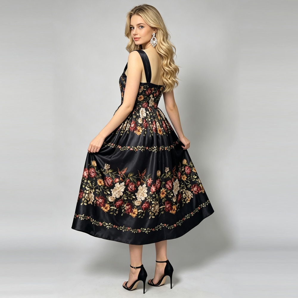 Printing sling A-line dress summer high waist slim vest