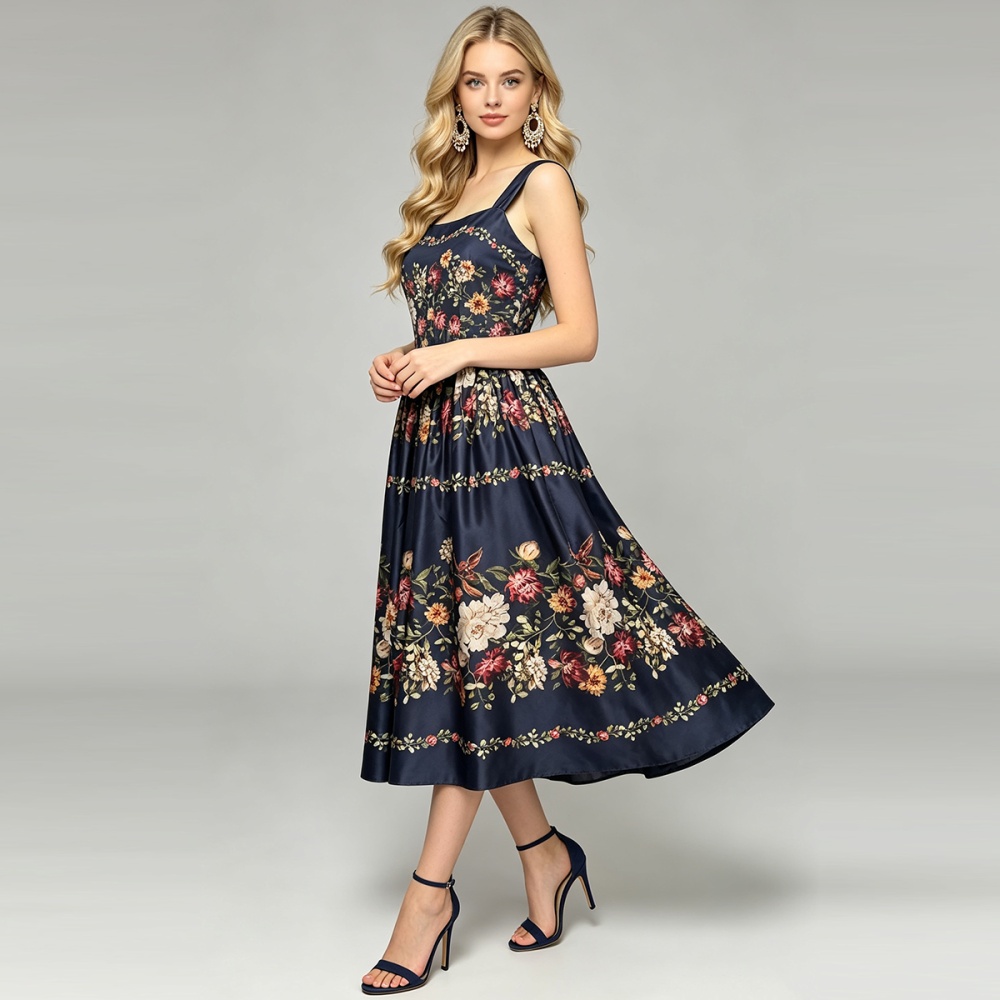 Printing sling A-line dress summer high waist slim vest
