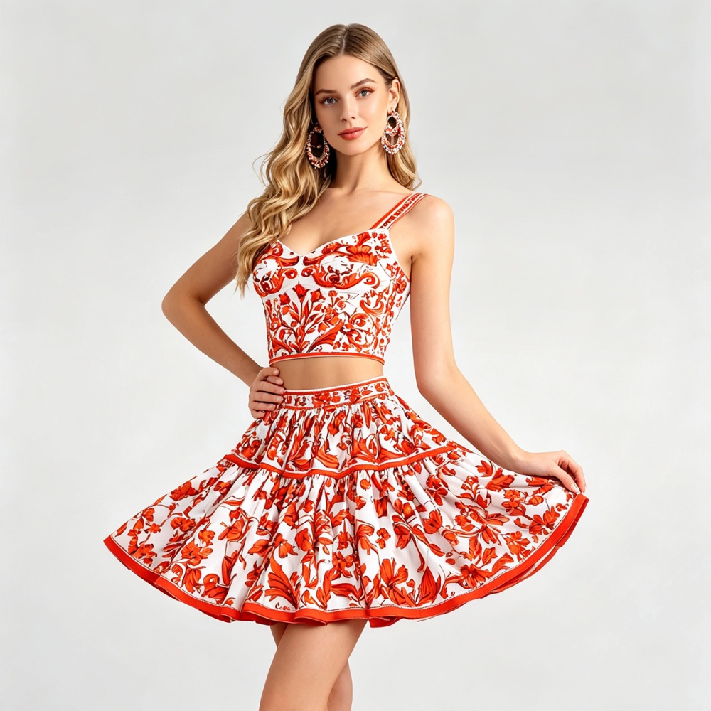 Summer sling chest pad mixed colors skirt 2pcs set