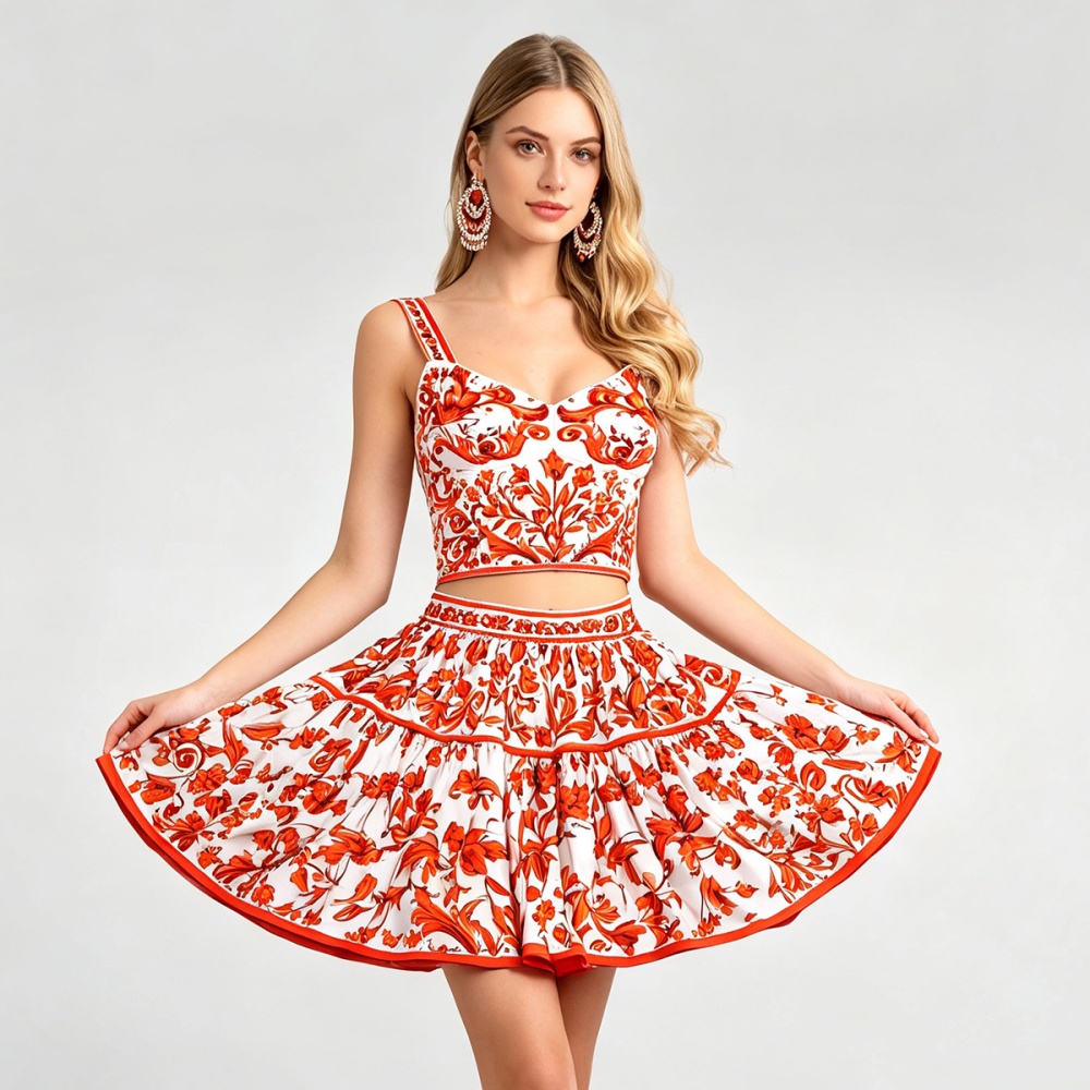 Summer sling chest pad mixed colors skirt 2pcs set
