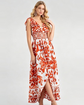 Big skirt elastic high waist printing V-neck sexy dress
