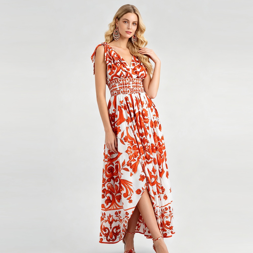 Big skirt elastic high waist printing V-neck sexy dress