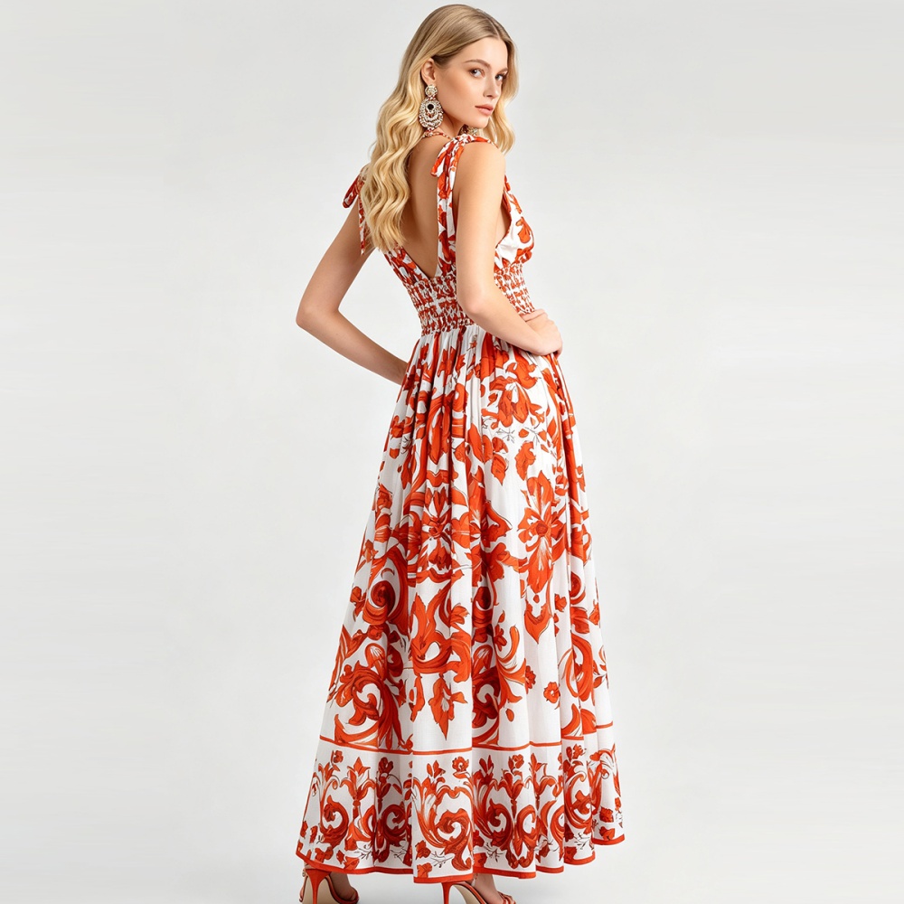Big skirt elastic high waist printing V-neck sexy dress