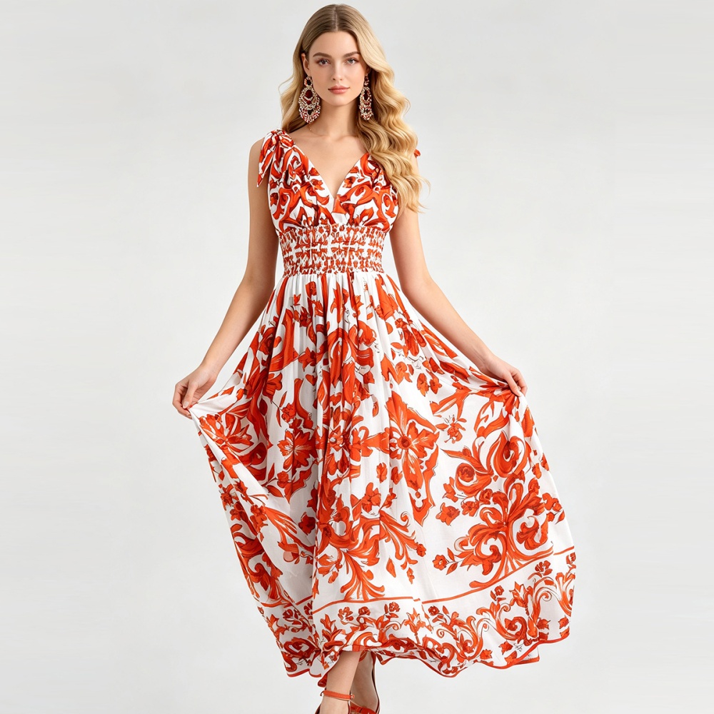 Big skirt elastic high waist printing V-neck sexy dress