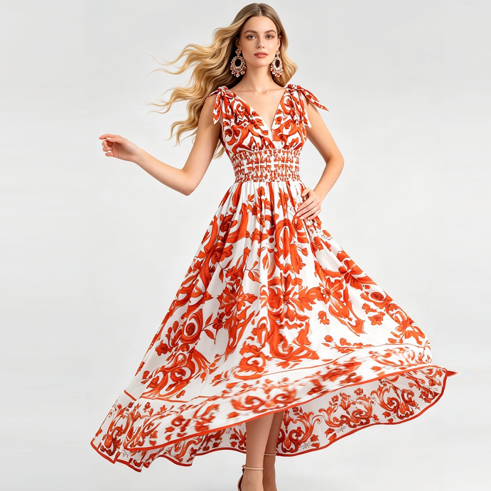 Big skirt elastic high waist printing V-neck sexy dress