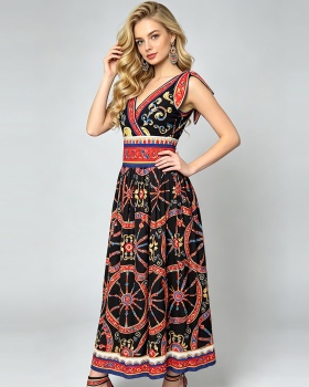 V-neck printing sexy slim bow elastic bandage dress