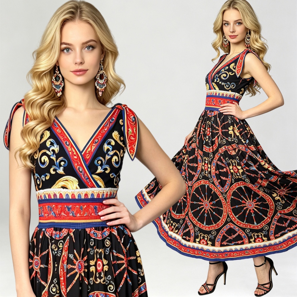 V-neck printing sexy slim bow elastic bandage dress