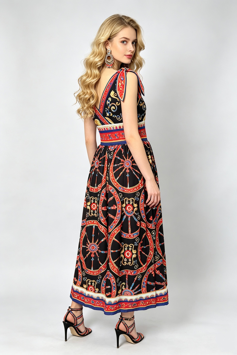 V-neck printing sexy slim bow elastic bandage dress