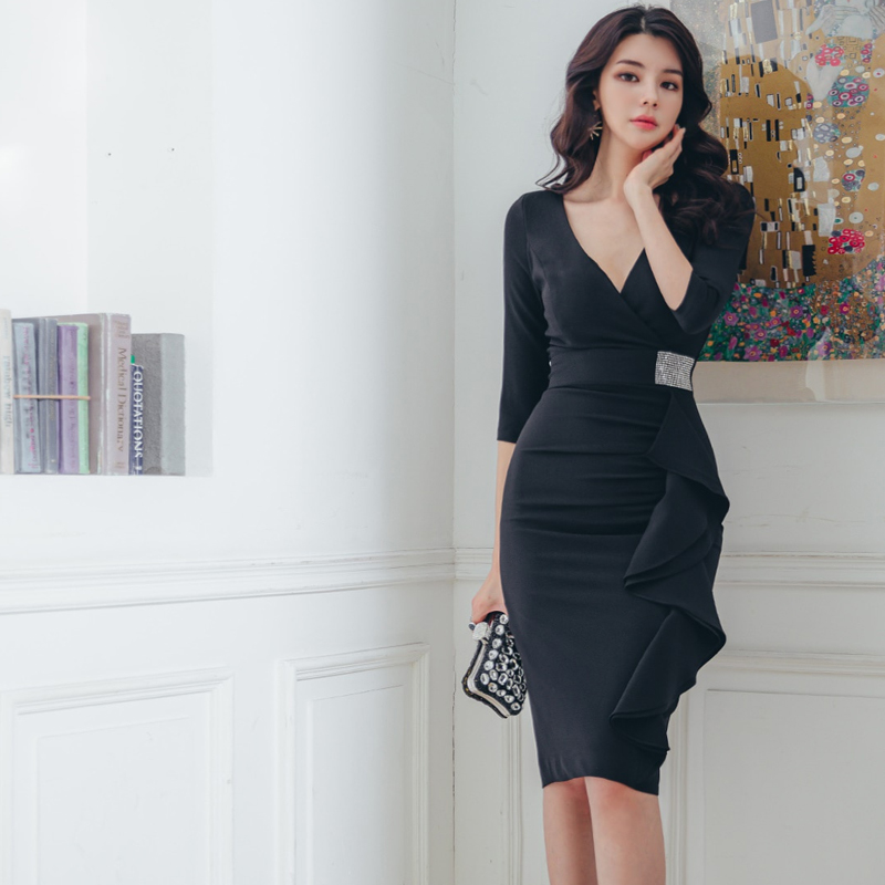 Sexy slim rhinestone V-neck elegant dress