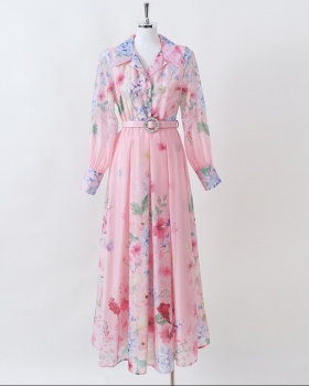 Autumn printing long shirt retro court style dress