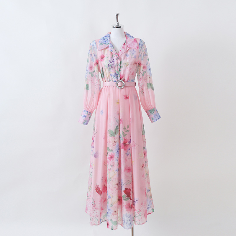 Autumn printing long shirt retro court style dress