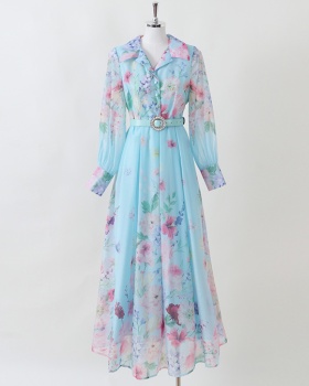 Printing autumn dress court style retro shirt