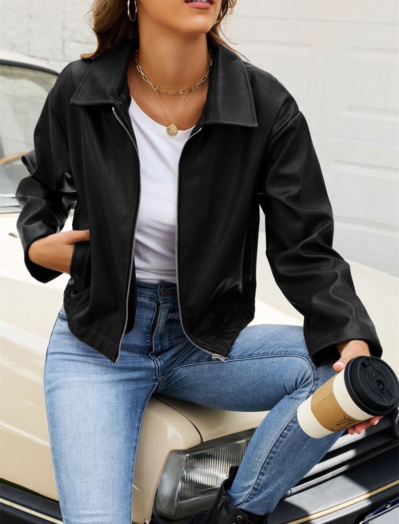 Lapel four seasons coat zip retro jacket for women