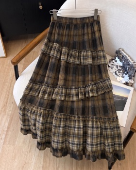 Plaid long cake long skirt black-gray autumn skirt